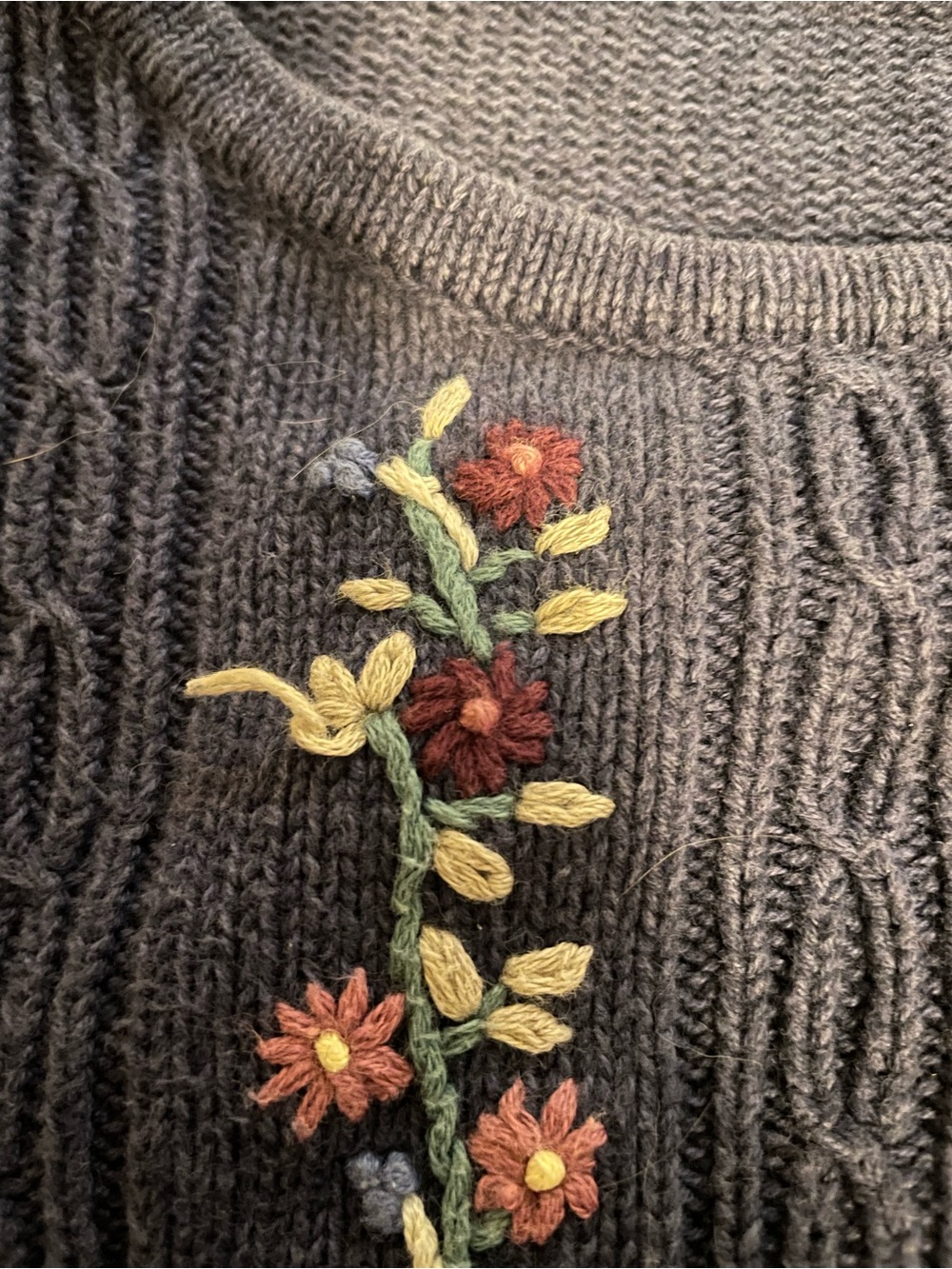 Embroidered Floral Crew Neck Navy Blue Knit Sweater Size M/L - Picture 3 of 7